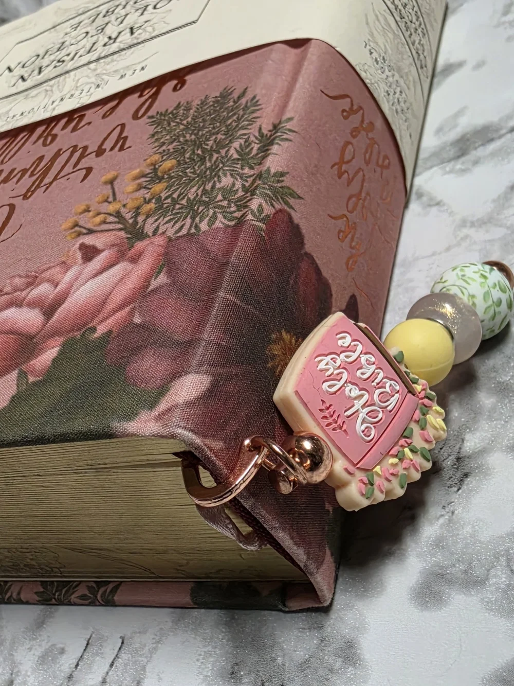 Pink 'Hello Bride' Beaded Bookmark with Green and Yellow Accents